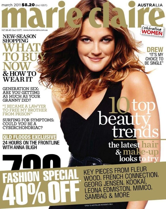 La belle et glamour Drew Barrymore en couv' du Marie Claire australien de mars 2011.
