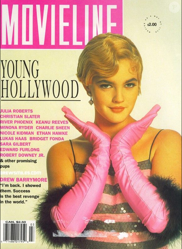 Drew Barrymore à 17 ans en couverture du magazine MovieLine de mars 1992.