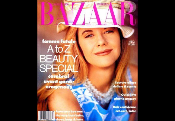 L'actrice Meg Ryan pose en couverture du magazine Harper's Bazaar. Avril 1991.