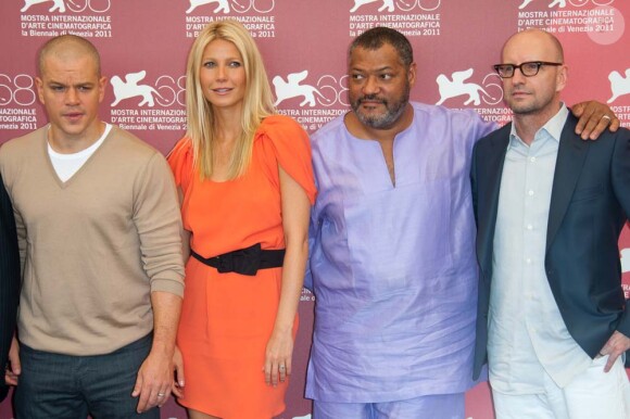 Gwyneth Paltrow, Jennifer Ehle, Laurence Fishburne, Matt Damon et Steven Soderbergh, photocall pour le film Contagion, à Venise, le 3 septembre 2011.