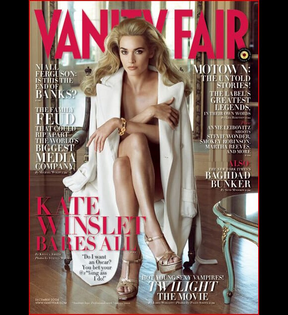 Dotée d'une classe incomparable, l'actrice Kate Winslet, nue sous un manteau, en couverture du Vanity Fair, décembre 2008.