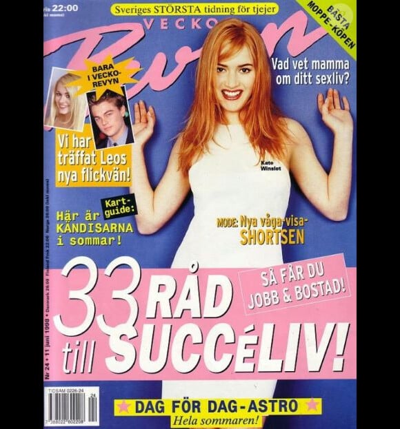 La jeune Kate Winslet, 22 ans à l'époque, en couverture du magazine suédois Vecko Revyn. 11 juin 1998.