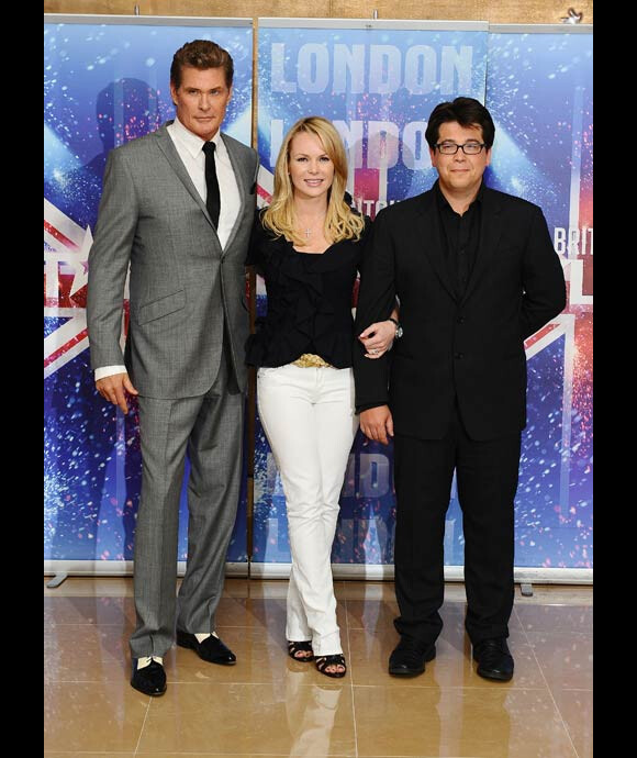 Amanda Holden, David Hasselhoff et Michael Mcintyre posent pour la promotion de Britain's Got Talent à Londres en avril 2011