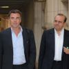 Bruno Gaccio et son avocat Me Hervé Temime au tribunal de Paris, le 27 septembre 2011.