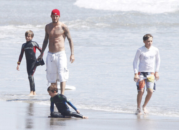 David Beckham et ses enfants Brooklyn, Romeo et Cruz le 27 août 2011 à Malibu
