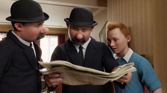 Le héros et Dupont et Dupond dans Les aventures de Tintin : Le secret de la Licorne