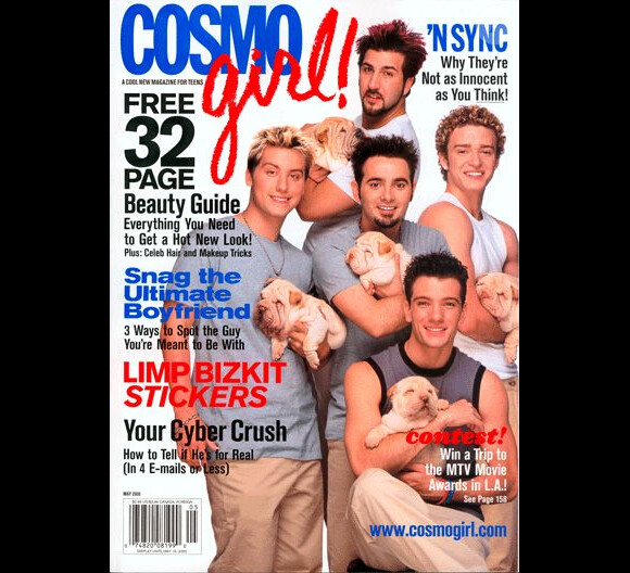 Justin Timberlake (à droite) et son ancien boysband les 'N Sync, en Une de Cosmo Girl. Mai 2000.