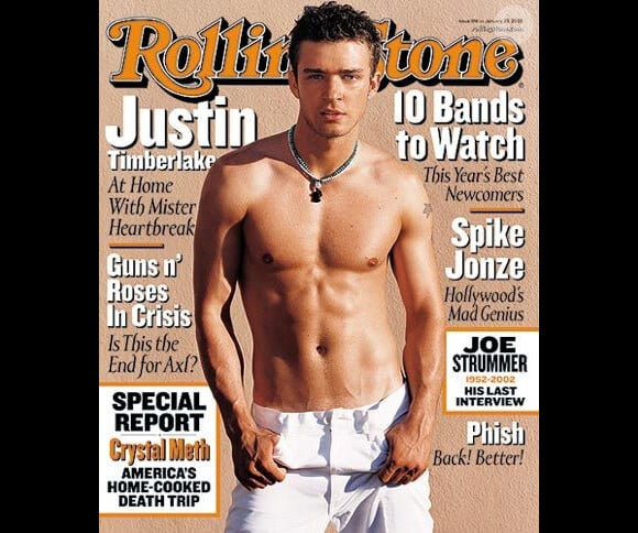 Justin Timberlake expose ses muscles saillants pour le Rolling Stone de janvier 2003.