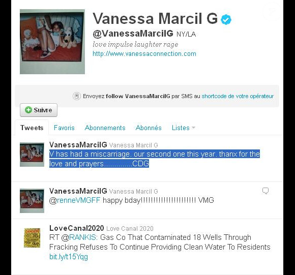 Le Tweet du 6 décembre 2011 de Vanessa Marcil qui annonce la fausse couche dont a été victime cette dernière