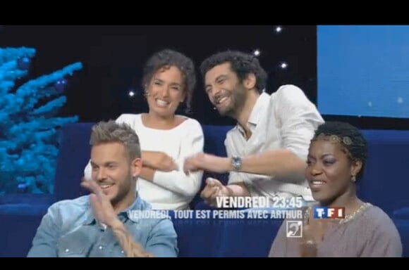 Amelle Chahbi, Ramzy Bédia, M. Pokora et Claudia Tagbo dans Vendredi tout est permis sur TF1 le vendredi 16 décembre 2011