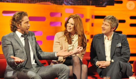 Gerard Butler, Karen Gillan et Martin Freeman lors de l'enregistrement de l'émission The Graham Norton Show à Londres le 5 janvier 2012