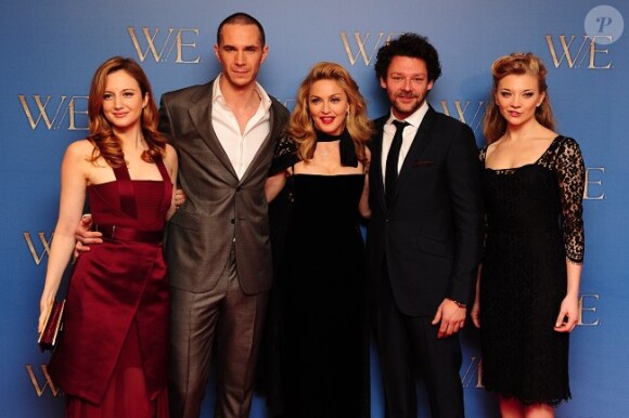 Andrea Riseborough,James D'Arcy, Madonna, Richard Coyle et Natalie Dormer lors de l'avant-première du film W.E. à Londres le 11 janvier 2012