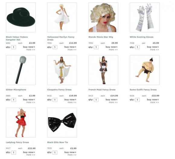 L'entreprise de vente en ligne d'articles de fête de la famille Middleton, Party Pieces, propose en janvier 2012 une sacrée collection de 'fancy dresses' pour adultes.