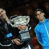 Novak Djokovic et Rafael Nadal lors de la finale de l'Open d'Australie le 29 janvier 2012 à Melbourne