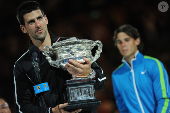 Novak Djokovic et Rafael Nadal lors de la finale de l'Open d'Australie le 29 janvier 2012 à Melbourne