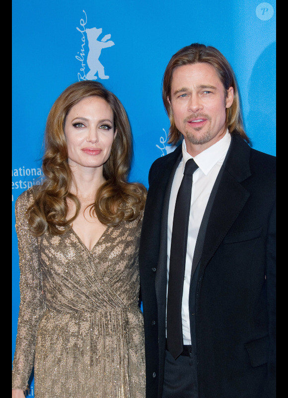Angelina Jolie et Brad Pitt lors de la présentation d'Au pays du sang et du miel, au festival de Berlin le 11 février 2012.