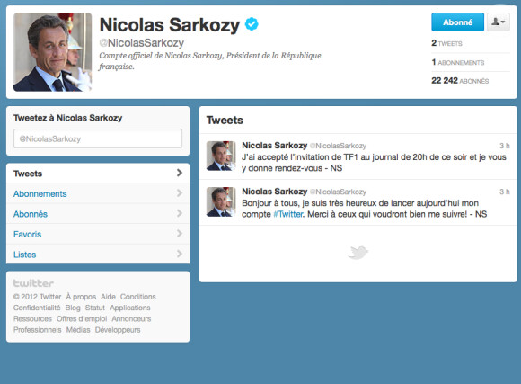 Capture d'écran du compte Twitter de Nicolas Sarkozy, le 15 février 2012.