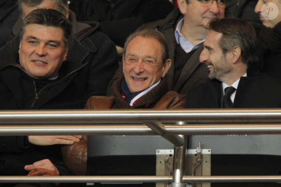 David Douillet, Bertrand Delanoë et Jean-Claude Blanc lors du match au sommet entre le PSG et Montpellier (2-2) le 19 février 2012 à Paris au Parc des Princes