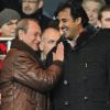 Bertrand Delanoë et Tamim ben Hamad Al Thani lors du match au sommet entre le PSG et Montpellier (2-2) le 19 février 2012 à Paris au Parc des Princes