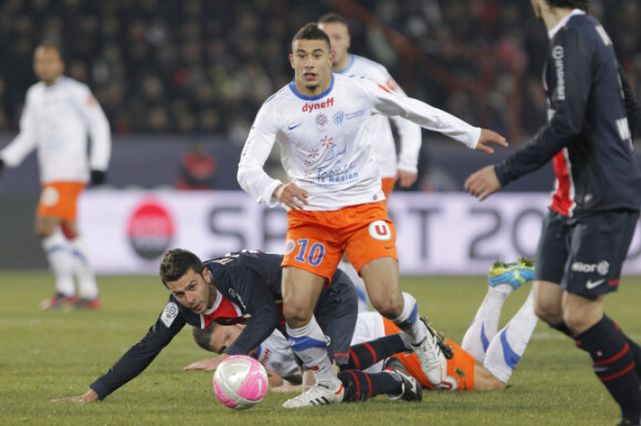 Younes Belhanda lors du match au sommet entre le PSG et Montpellier (2-2) le 19 février 2012 à Paris au Parc des Princes