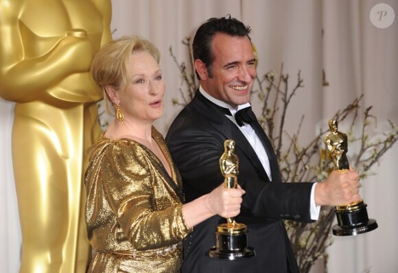 Jean Dujardin et Meryl Streep, oscarisés pour The Artist et La Dame de Fer, le 26 février 2012.