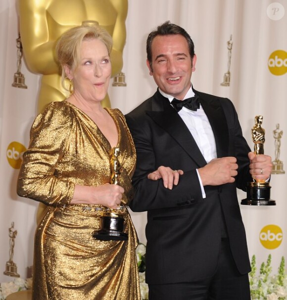 Jean Dujardin et Meryl Streep, oscarisés pour The Artist et La Dame de Fer, le 26 février 2012.