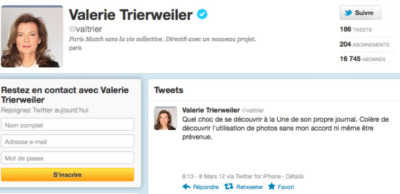 Valérie Trierweiller très en colère sur Twitter à 8h13 du matin ce jeudi 8 mars 2012.