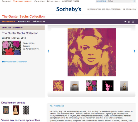 Le portrait de Brigitte Bardot par Andy Warhol fait partie de la Collection Gunter Sachs qui sera vendue par Sotheby's à Londres, le 22 mai 2011.