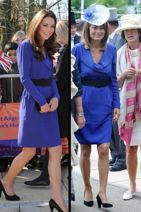Kate Middleton portait le 19 mars 2012, pour l'inauguration de The Treehouse à Ipswich en sa qualité de marraine de l'EACH, la même robe Reiss bleue que sa mère Carole Middleton, en juin 2010 au dernier jour du Royal Ascot.