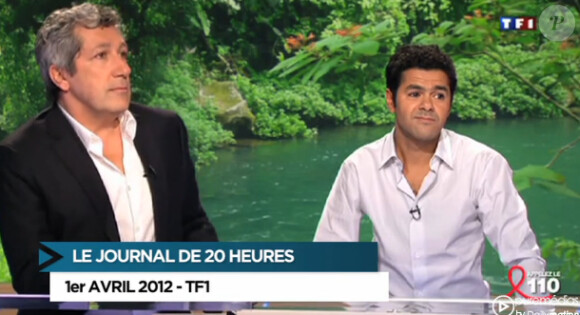 Alain Chabat et Jamel Debbouze invités du journal de 20h de TF1 présenté par Claire Chazal, pour la promo de Sur la piste du Marsupilami, le dimanche 1er avril 2012