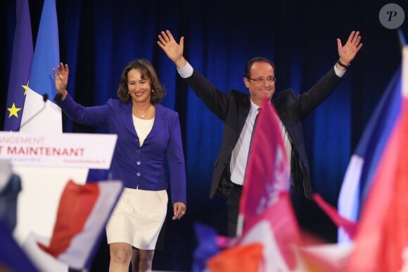 François Hollande et Ségolène Royal, lors du grand meeting de François Hollande à Rennes, le mercredi 4 avril 2012.