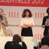 Nathalie Kosciusko-Morizet et le collectif La Barbe le 5 avril 2012 lors du forum organisé par le magazine ELLE à Sciences Po à Paris