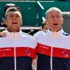 Jo-Wilfried Tsonga et Guy Forget, capitaine de l'équipe de France de tennis, le vendredi 6 avril 2012 à Monte Carlo.
