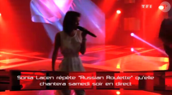 Sonia Lacen lors des répétitions avant le prime de The Voice le samedi 21 avril 2012 sur TF1