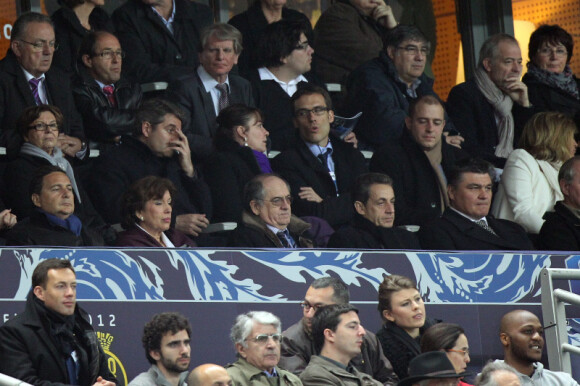 Eric Besson, Roselyne Bachelot, Nicolas Sarkozy et David Douillet assistent au match opposant l'Olympique Lyonnais à Quevilly, en finale de la Coupe de France, le samedi 28 avril 2012 au Stade de France, près de Paris.
