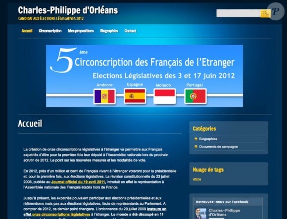 Le site Internet du duc d'Anjou est déjà dédié à sa campagne pour les législatives.
Le prince Charles-Philippe d'Orléans a présenté mercredi 9 mai 2012 à la presse sa candidature aux élections législatives, briguant un mandat dans la 5e circonscription des Français de l'étranger (Espagne, Andorre, Monaco, Portugal).