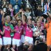 L'équipe lyonnaise laisse éclater sa joie lors de la finale de la Ligue des Champions féminines remportée par l'équipe de Lyon à Munich le 17 mai 2012 face à Francfort (2-0)