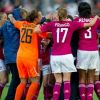 Les Lyonnaises victorieuses lors de la finale de la Ligue des Champions féminines remportée par l'équipe de Lyon à Munich le 17 mai 2012 face à Francfort (2-0)