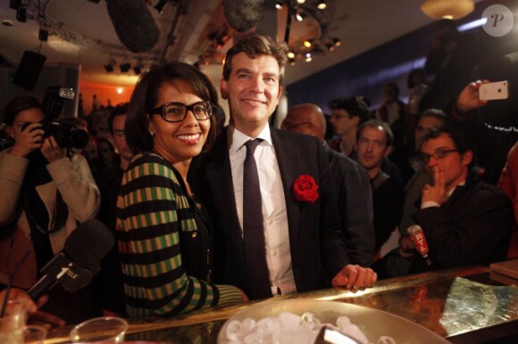 Audrey Pulvar et Arnaud Montebourg le soir du premier tour des primaires socialistes, à Paris, le 9 octobre 2011.