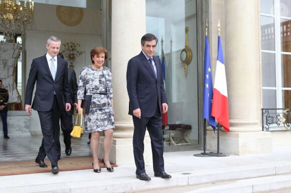 Dernier conseil des ministres de Nicolas Sarkozy : Bruno Le Maire, François Fillon et Roselyne Bachelot à l'Elysée, le 9 mai 2012.