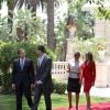 Le Premier ministre portugais, Felipe d'Espagne, l'épouse du Premier ministre, Laura Ferreira, et Letizia d'Espagne lors d'une entrevue à Sao Bento au Portugal le 1er juin 2012