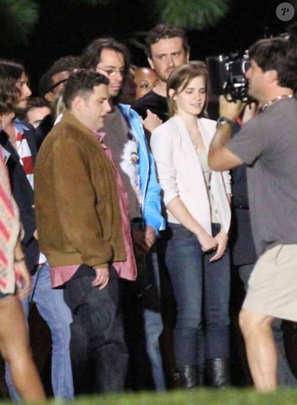 Jonah Hill, Emma Watson et Jason Segel sur le tournage de la comédie The End of the World à La Nouvelle-Orléans, le 31 mai 2012.