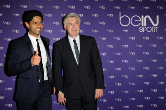 Nasser Al-Khelaïfi et Carlo Ancelotti le 1er juin 2012 à Paris pour l'inauguration de la chaine sportive Be InSport le 1er juin 2012 à Paris