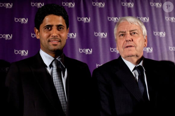 Nasser Al-Khelaifi et Charles Biétry le 1er juin 2012 à Paris pour l'inauguration de la chaine sportive Be InSport le 1er juin 2012 à Paris