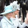 La duchesse de Cornouailles, Camilla Parker Bowles, la duchesse de Cambridge, Kate Middleton, et le prince Harry lors de la parade militaire "Trooping the colour", à Londres, le 16 juin 2012