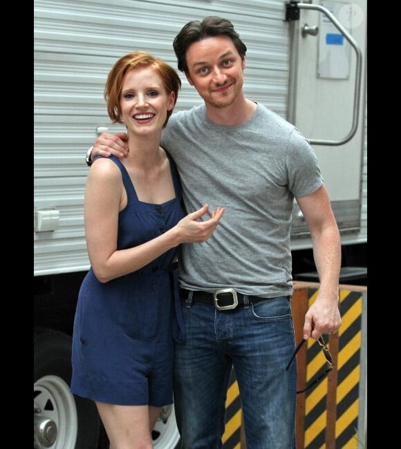 James McAvoy et Jessica Chastain sur le tournage de The Disappearance of Eleanor Rigby. Juillet 2012 à New York.