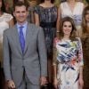Le prince Felipe et la princesse Letizia d'Espagne, en l'absence du roi Juan Carlos Ier (en visite en Russie), assuraient le 18 juillet 2012 les audiences au palais royal de la Zarzuela.