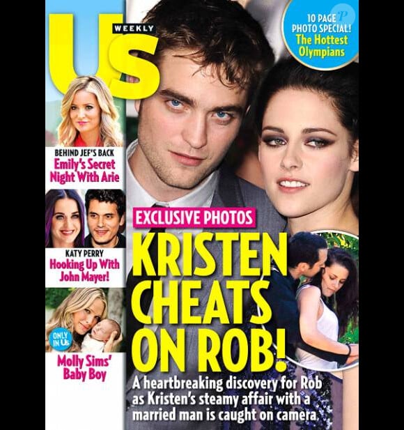 Kristen Stewart et Robert Pattinson en couverture de US Weekly, qui révèle, photo à l'appui en médaillon, la liaison de la comédienne américaine avec le réalisateur Rupert Sanders.
