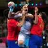 Bertrand Gille s'arrache... Les Experts du handball français sont venus à bout, mercredi 8 août 2012, de l'Espagne (23-22) en quart de finale du tournoi olympique, au terme d'un match crispant conclu sur une banderille de William Accambray à la toute dernière seconde.