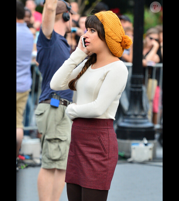 Lea Michele sur le tournage de la série Glee, le 11 août 2012 à New York